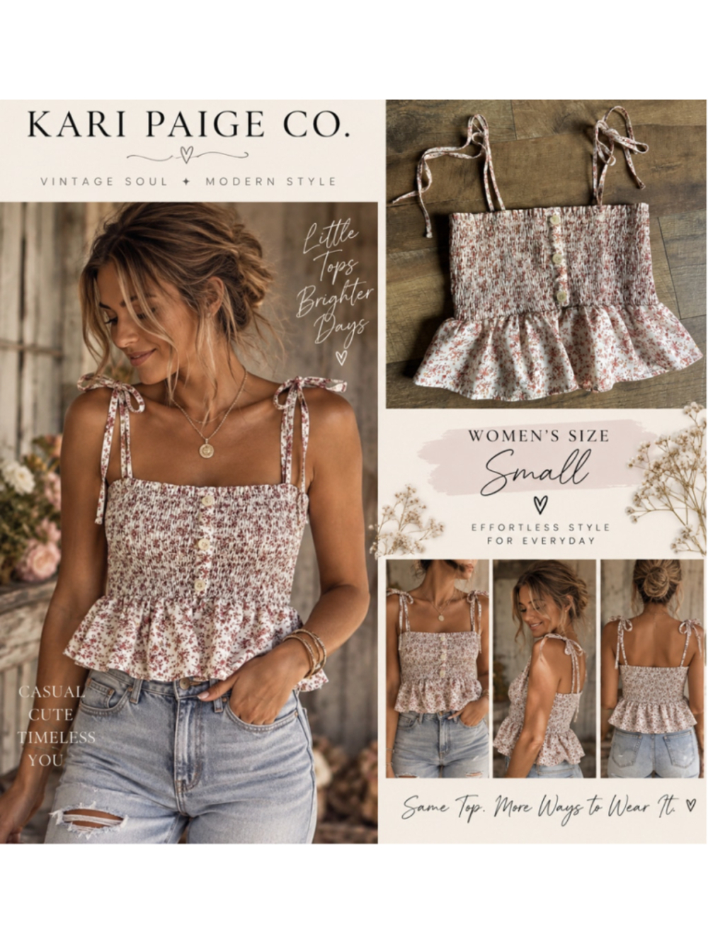 Women's Paper Crane Floral Smocked Peplum Cami Top, Size Small, White/Pink F26